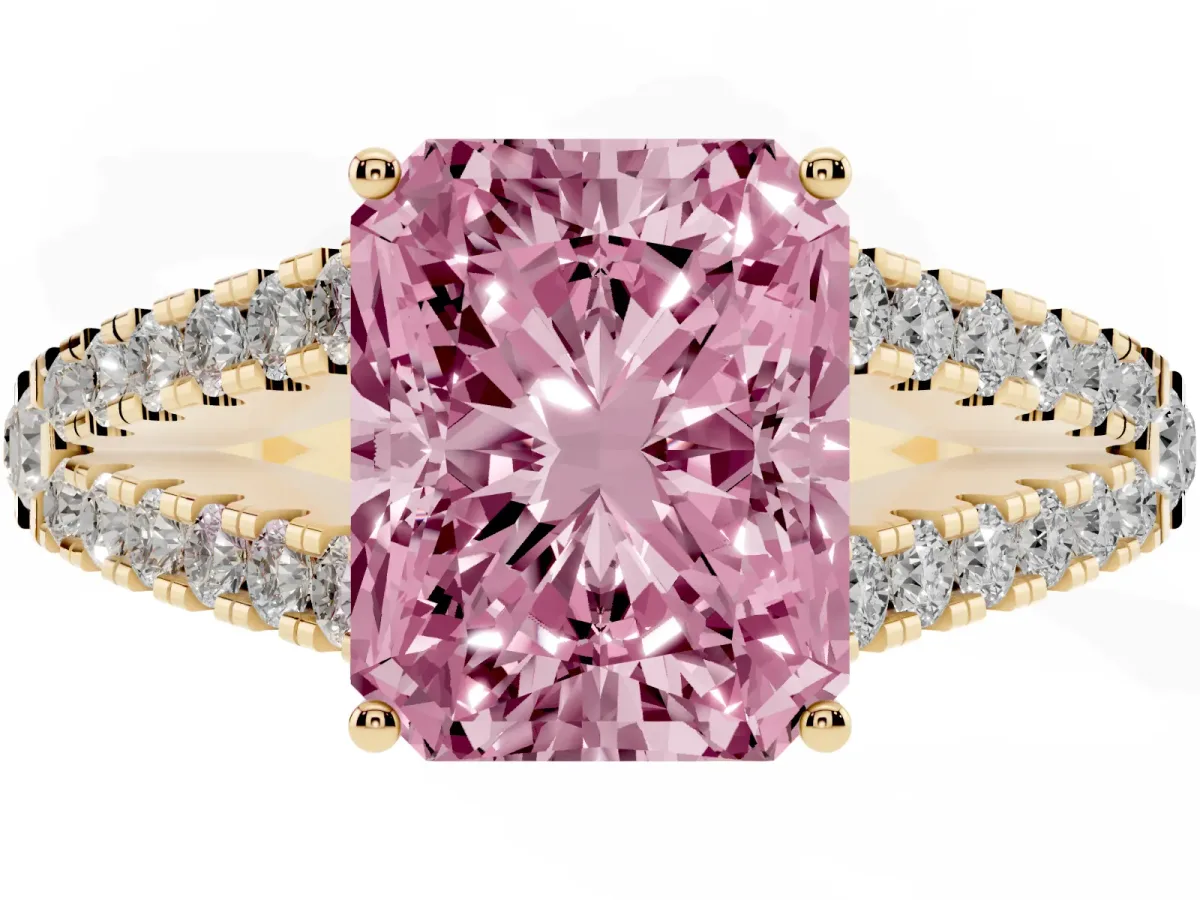 Fancy Pink Radiant Cut Diamond Split Shank Pavé Engagement Ring with Four-Prong Setting Yellow gold