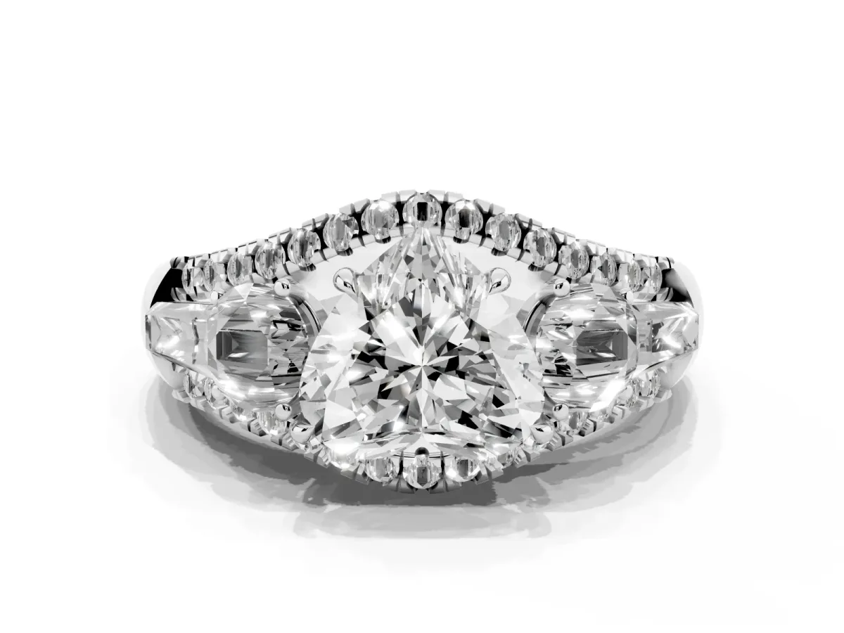 Three-Stone Heart Cut Diamond Engagement Ring with Pave Band and Prong Setting Silver
