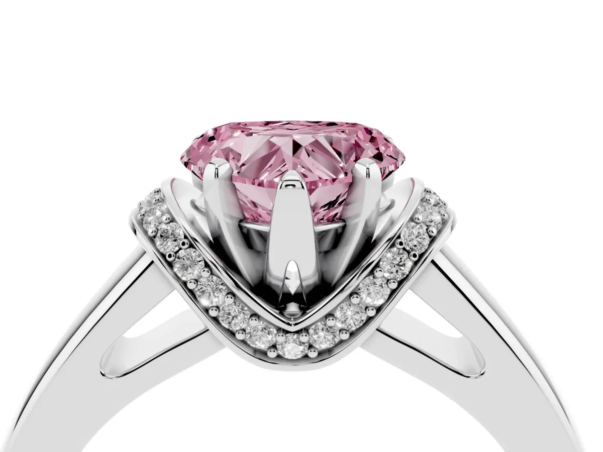 Fancy Pink Heart Cut Solitaire Diamond Ring with Pave Band and Six-Prong Setting Platinum