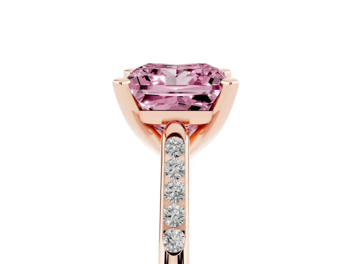 Fancy Pink Princess Cut Diamond Solitaire Ring with Channel Set Round Band and Prong Setting Rose gold