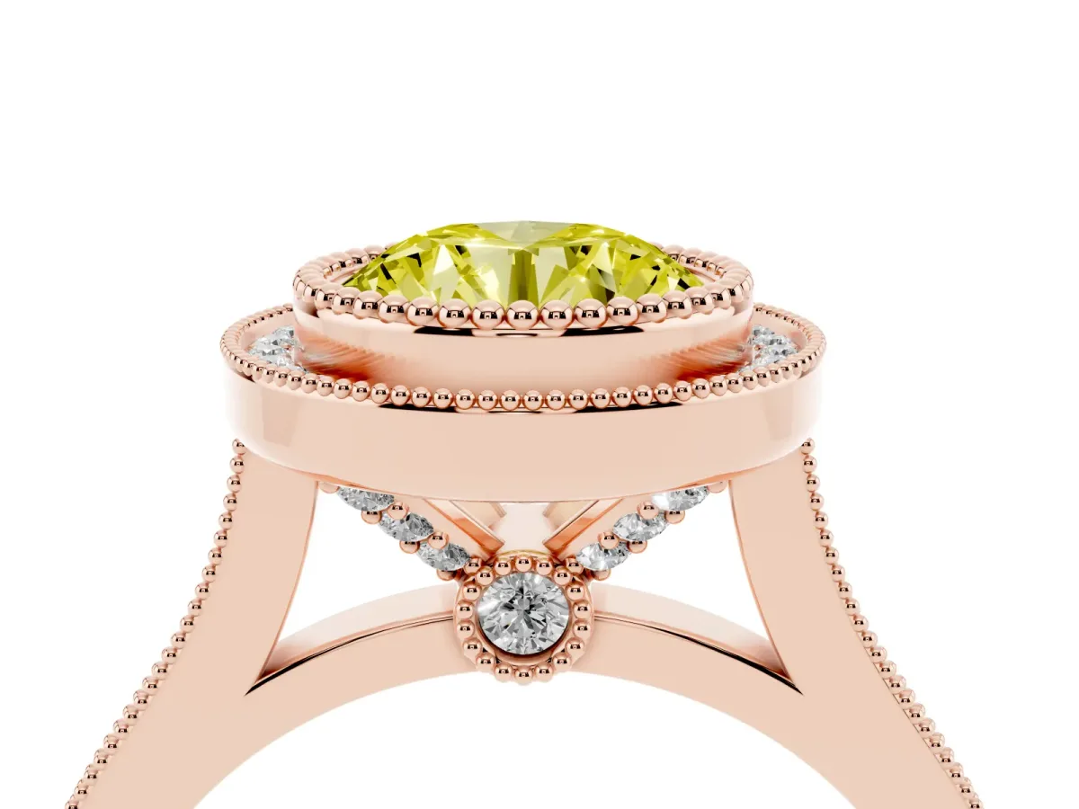 Fancy Yellow Round Cut Diamond Halo Ring with Milgrain Frame and Pavé Band Rose gold