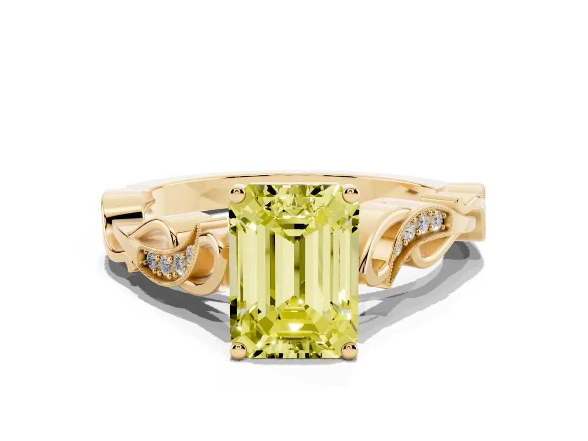 Fancy Yellow Emerald Cut Solitaire Vine Band with Milgrain Prong Setting Yellow gold