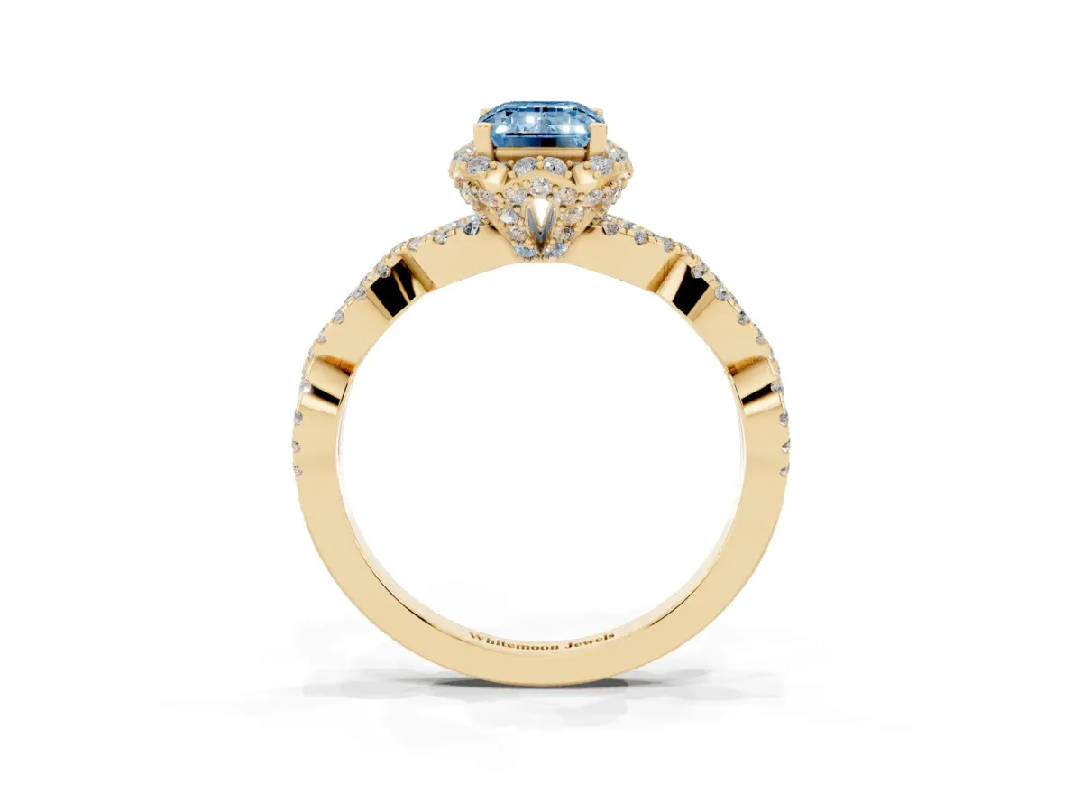 Fancy Blue Emerald Cut Halo Twist Band Solitaire Ring with Six-Prong Setting Yellow gold