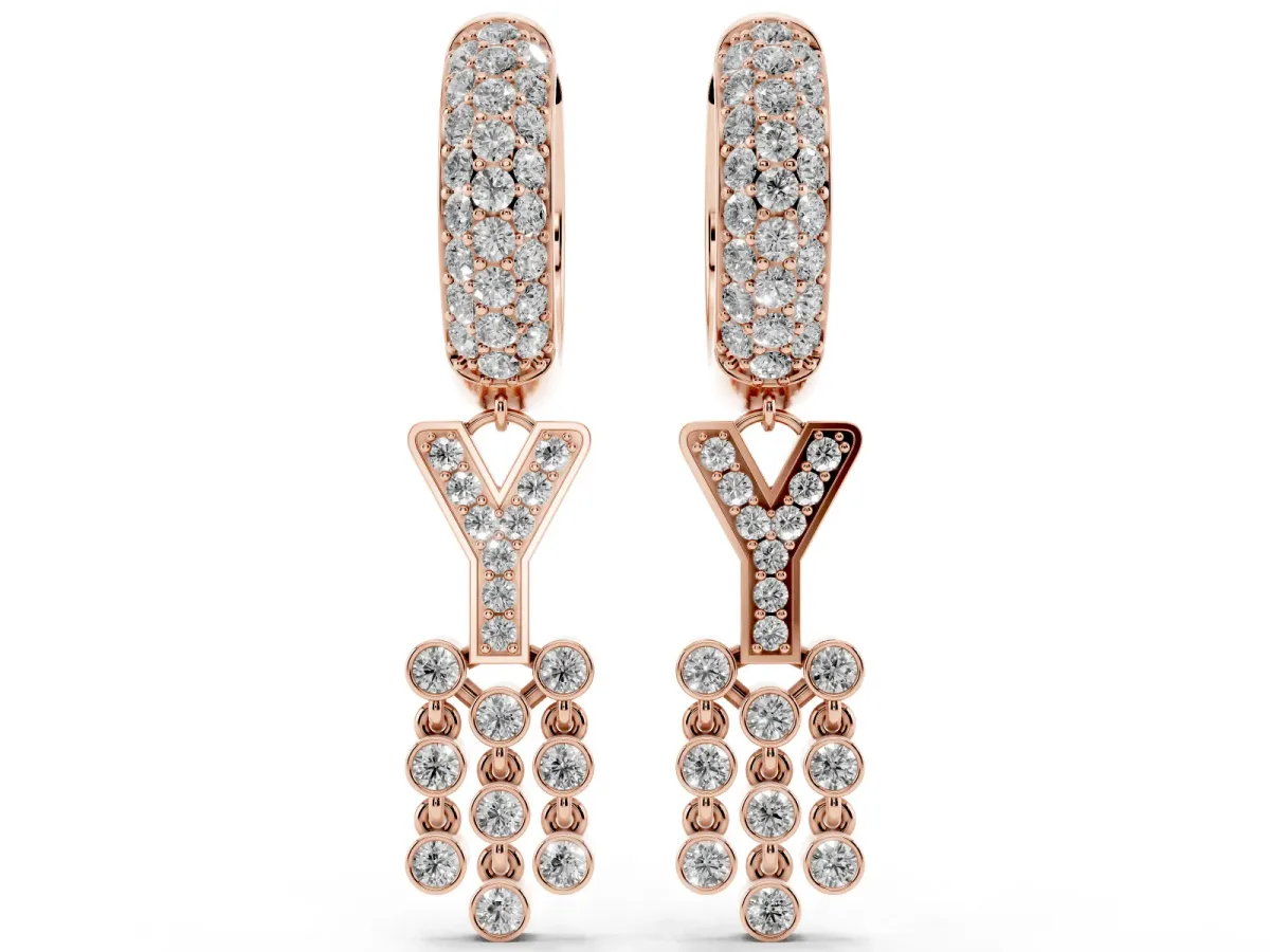 Round Diamond Initial Y Huggie Hoop Earrings Rose gold