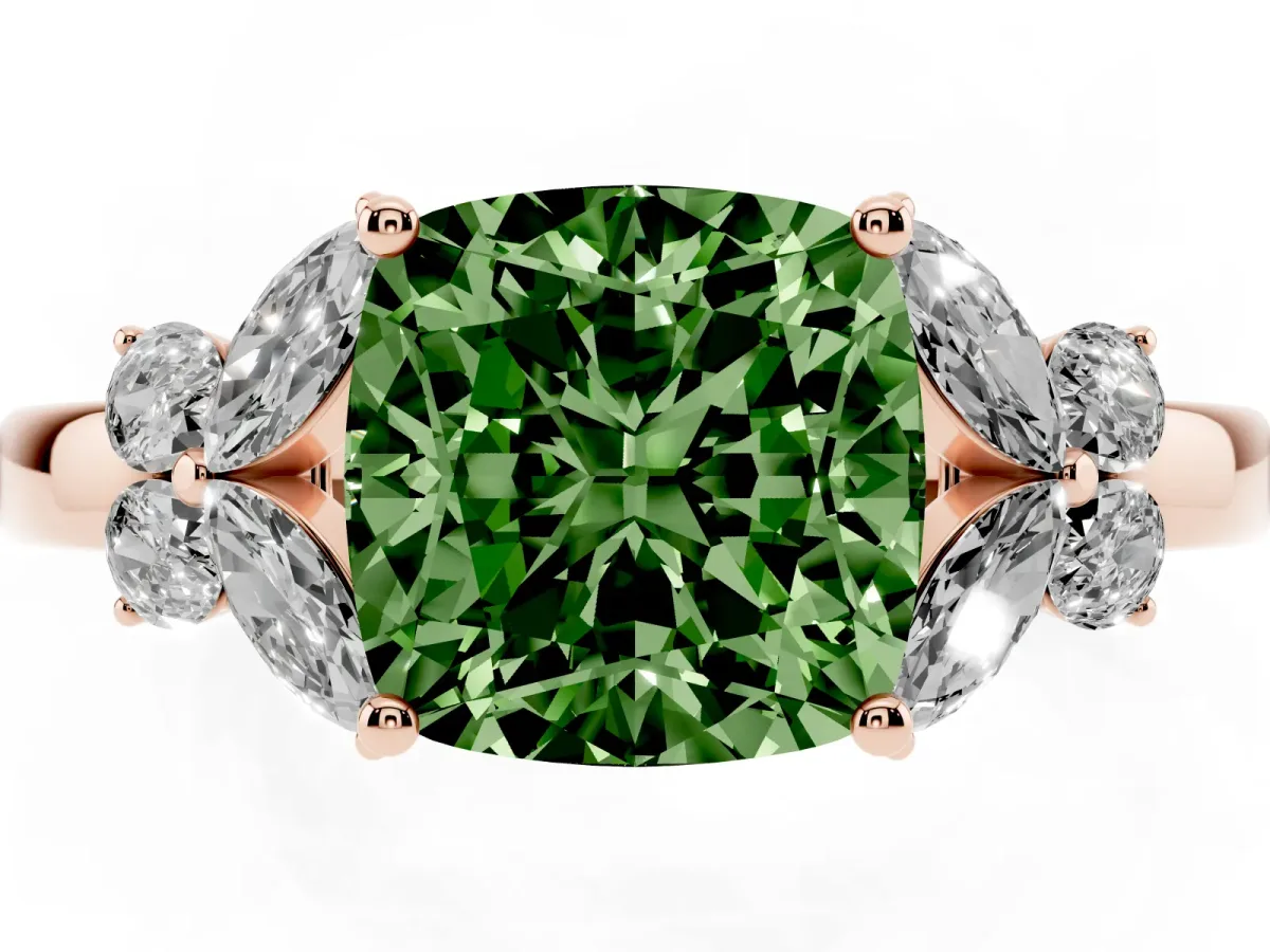 Fancy Green Cushion Cut Cut Solitaire Floral Diamond Ring with Four-Prong Setting Rose gold