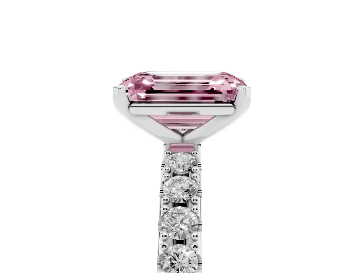 Fancy Pink Emerald Cut Diamond Solitaire Pavé Band with Four-Prong Setting Platinum