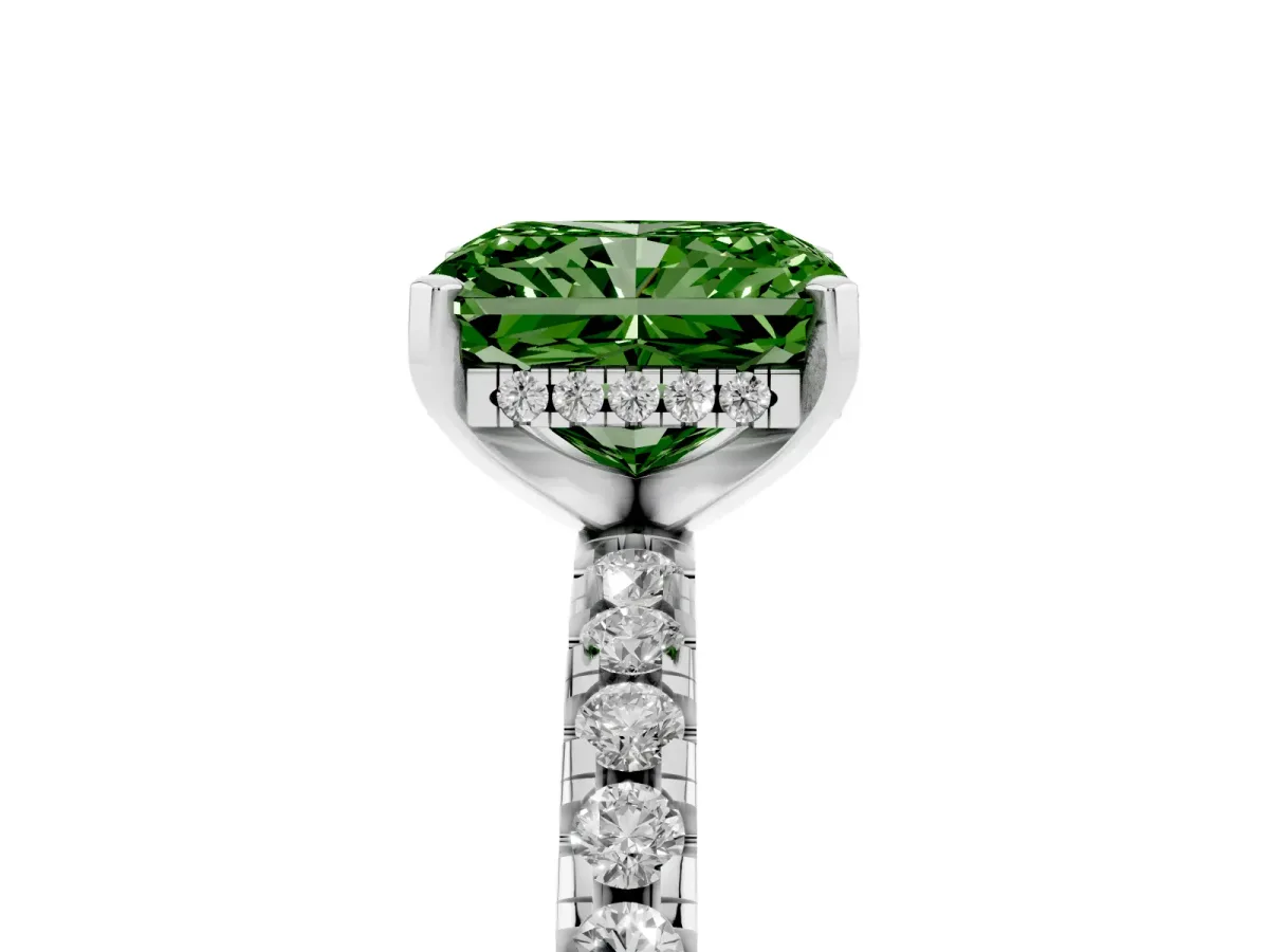 Fancy Green Radiant Cut Diamond Solitaire Ring with Round Pavé Band and Four-Prong Setting Silver