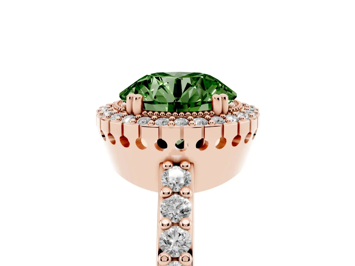 Fancy Green Round Cut Cut Diamond Halo Engagement Ring with Milgrain Detail and Pavé Band Rose gold