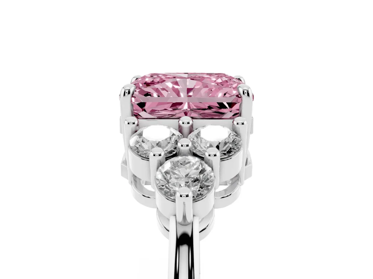 Fancy Pink Radiant Cut Brilliant Diamond Cluster Accent Solitaire Ring with Prong Setting Silver