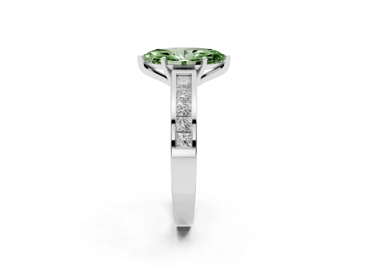 Fancy Green Marquise Cut Solitaire Diamond Ring with Channel-Set Band and Four-Prong Setting White gold