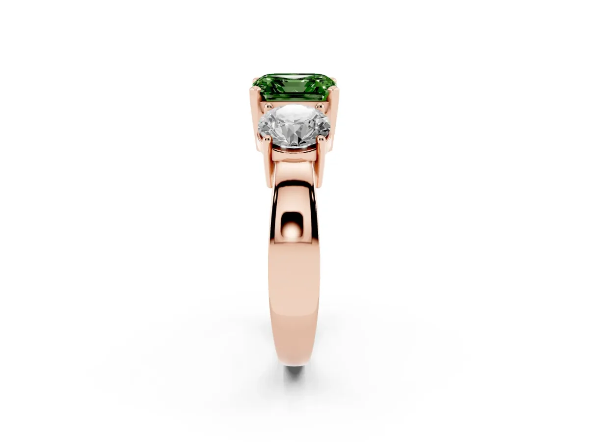 Fancy Green Three-Stone Asscher Cut Diamond Ring with Round Side Stones, Classic Band, and Four-Prong Setting Rose gold