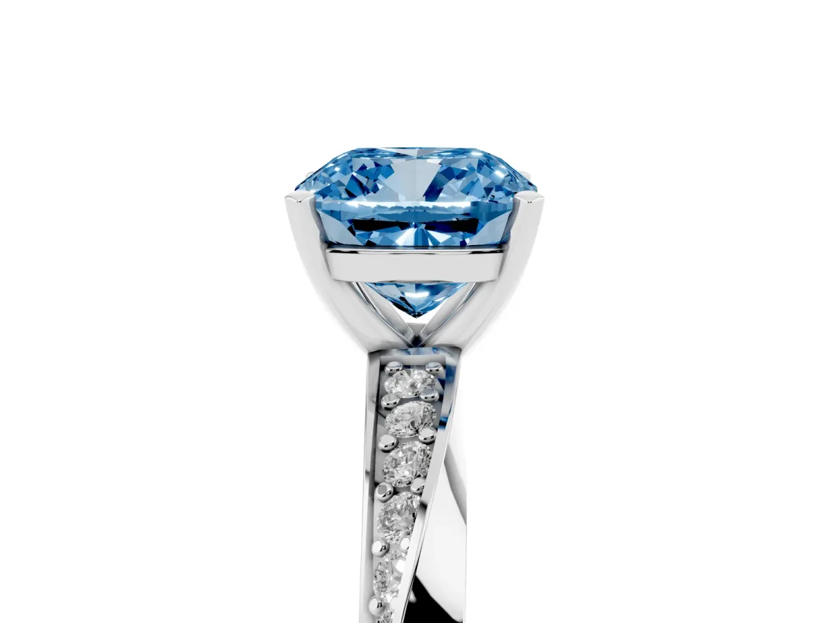 Fancy Blue Cushion Cut Diamond Engagement Ring with Side Stone Accents and Four-Prong Setting White gold