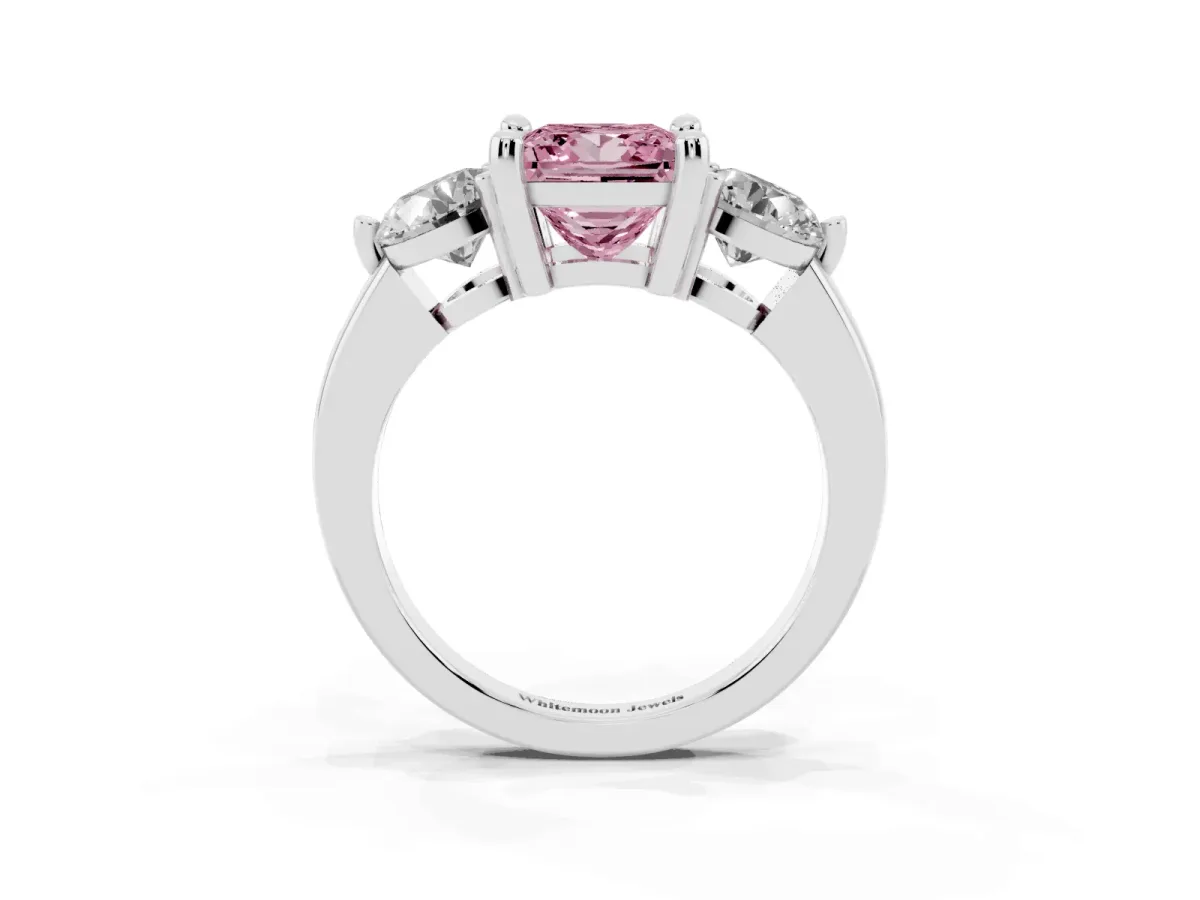 Fancy Pink Three-Stone Princess Cut Brilliant Cut Solitaire Ring with Prong Setting on a Classic Band Silver