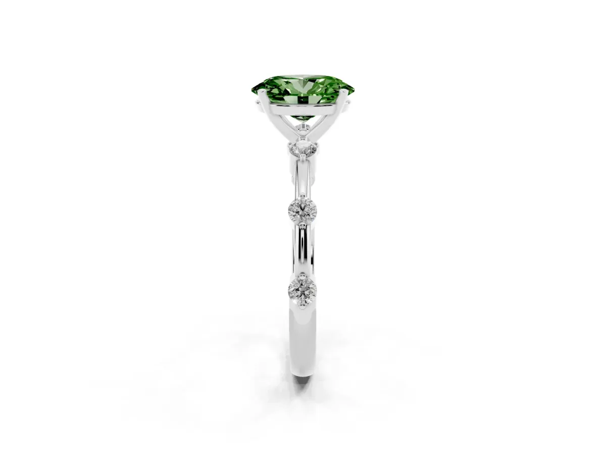 Fancy Green Oval Cut Solitaire Diamond Ring with Bezel Set Side Stones and Prong Setting Silver