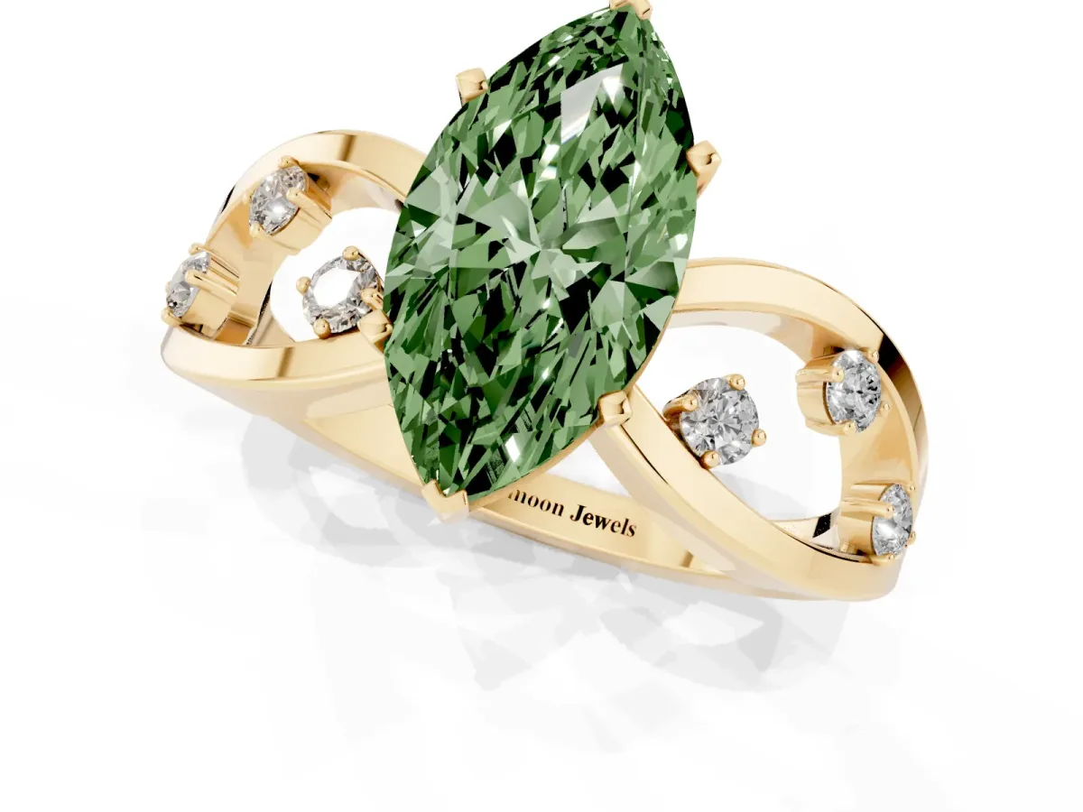 Fancy Green Marquise Cut Cut Solitaire Diamond with Side Stones on Criss-Cross Band and Four-Prong Setting Yellow gold