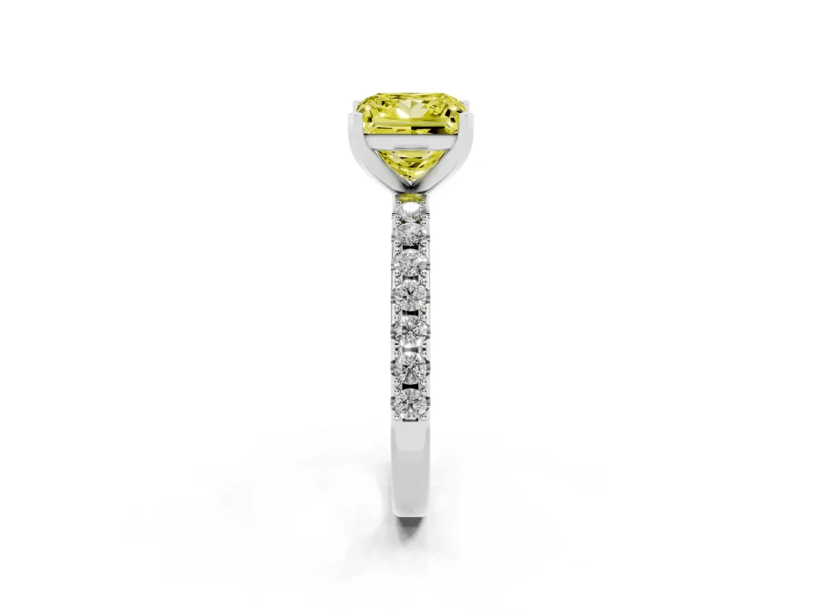 Fancy Yellow Princess Cut Diamond Solitaire Pavé Band with Four-Prong Setting Silver