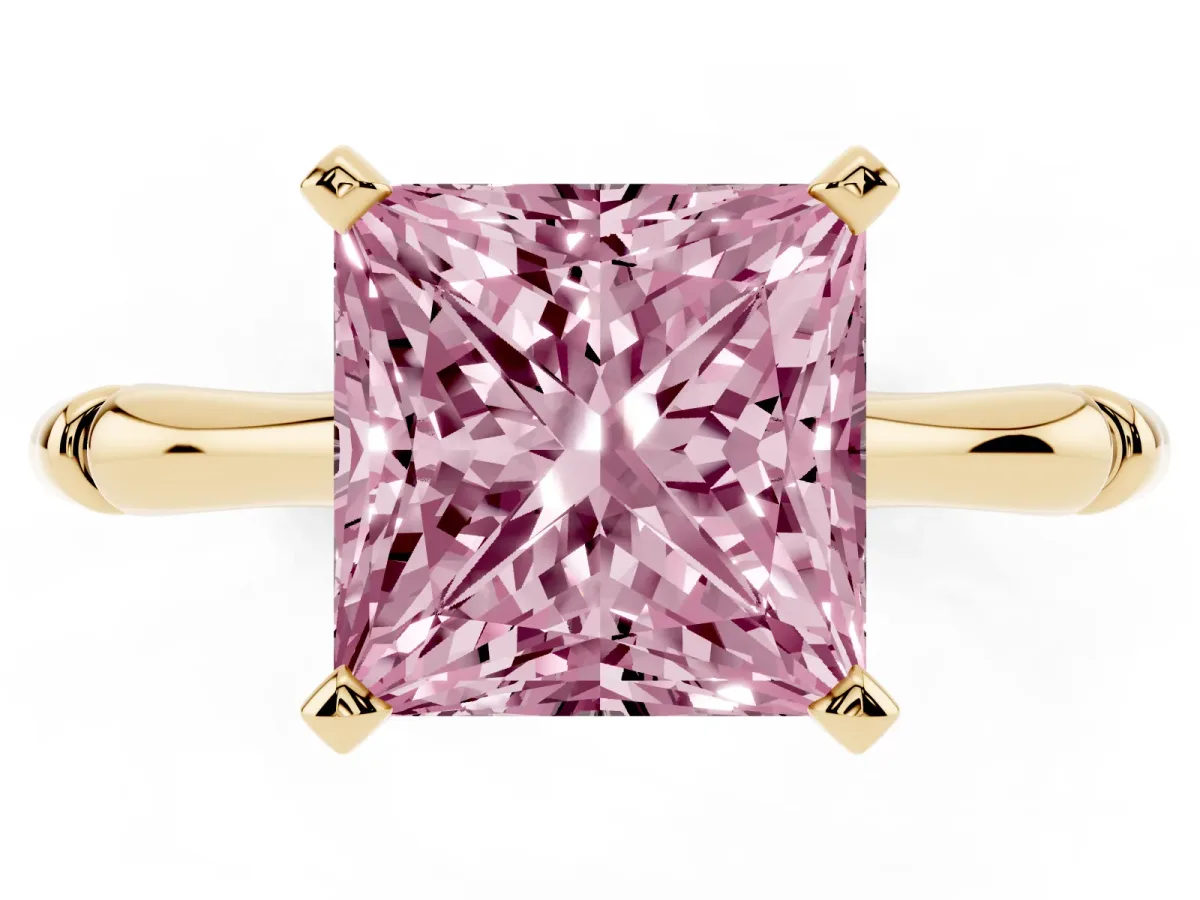 Fancy Pink Princess Cut Solitaire Diamond Ring with Bamboo Band and Four-Prong Setting Yellow gold