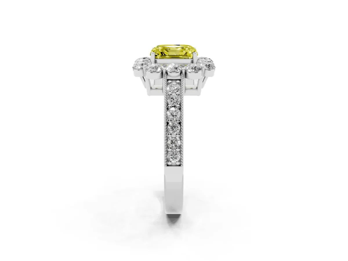 Fancy Yellow Asscher Cut Cut Halo Diamond Pavé Engagement Ring with Milgrain Detailing Platinum