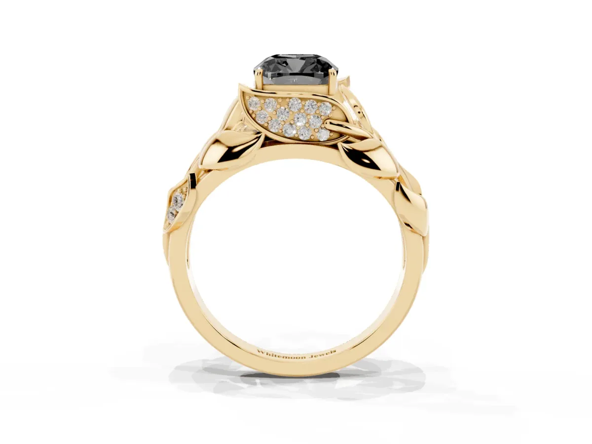 Fancy Black Cushion Cut Diamond Leaf-Inspired Engagement Ring with Round Accents and Prong Setting Yellow gold