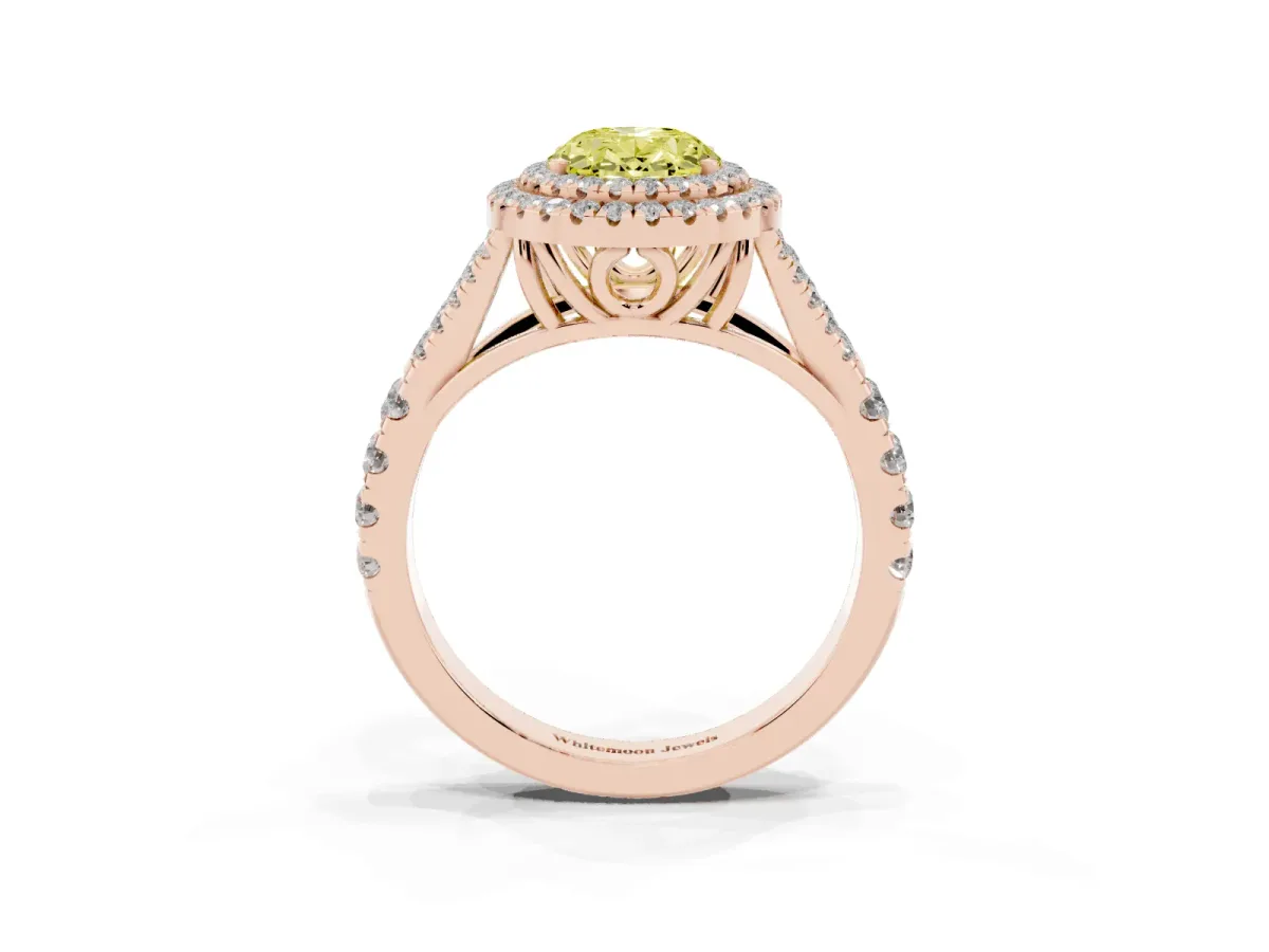 Fancy Yellow Double Halo Oval Cut Diamond Split Shank Engagement Ring with Four-Prong Setting Rose gold