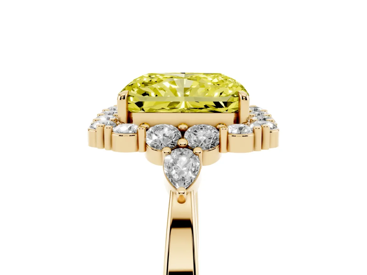 Fancy Yellow Radiant Cut Diamond Halo Ring with Pear Side Stones and Prong Setting Yellow gold