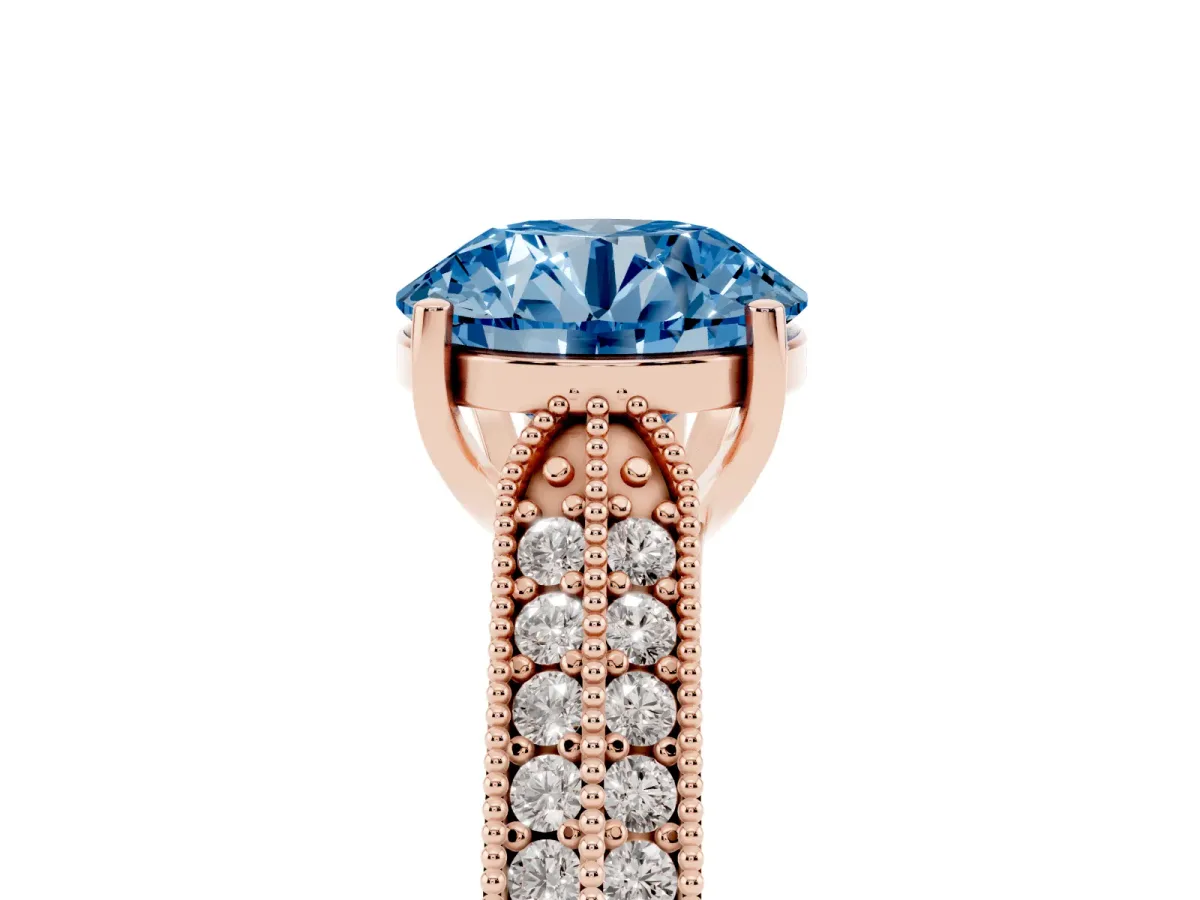Fancy Blue Round Cut Cut Pave Split Shank Engagement Ring with Four-Prong Setting Rose gold