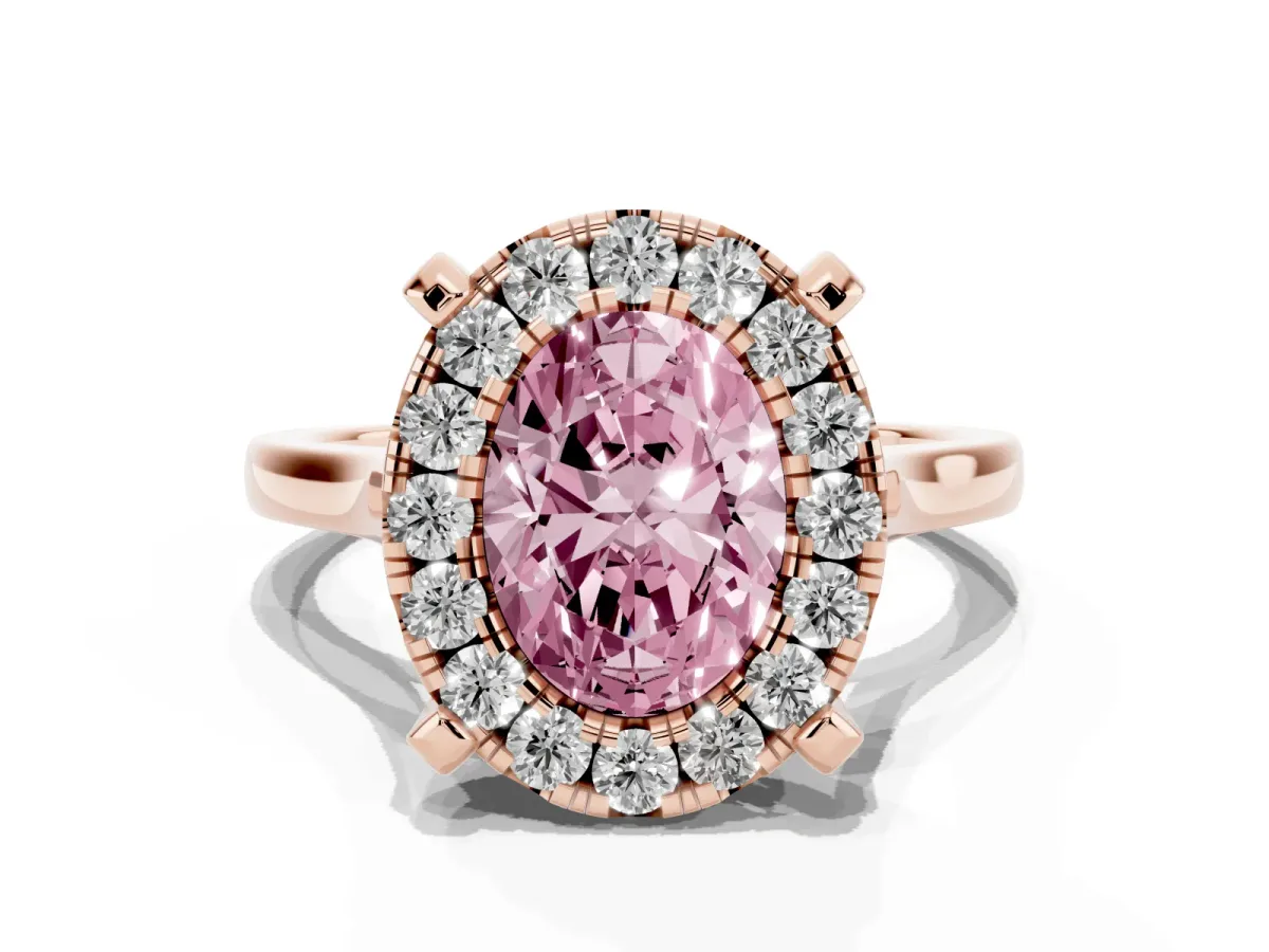 Fancy Pink Oval Cut Diamond Cluster Halo Solitaire with Four-Prong Setting Rose gold