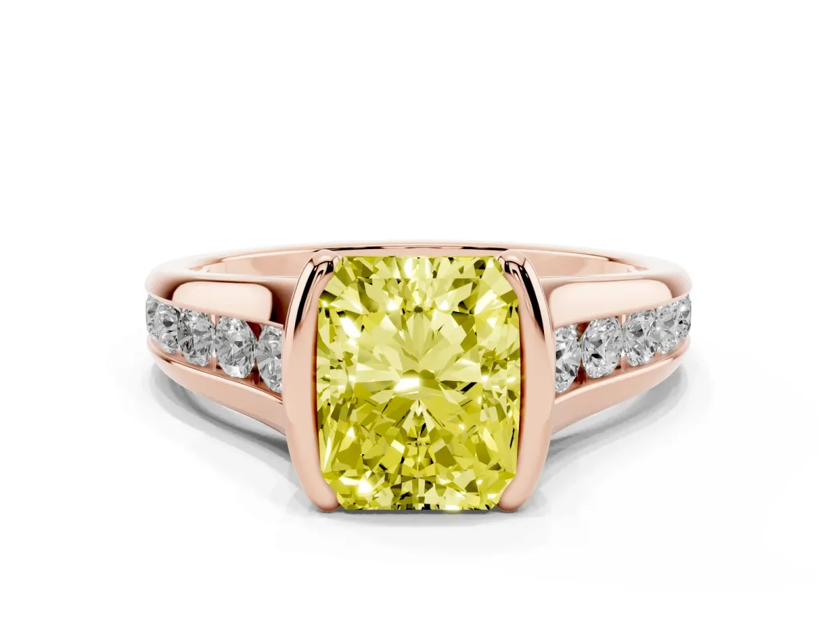 Fancy Yellow Radiant Cut Solitaire Bezel-Set Diamond Ring with Channel-Set Band Rose gold