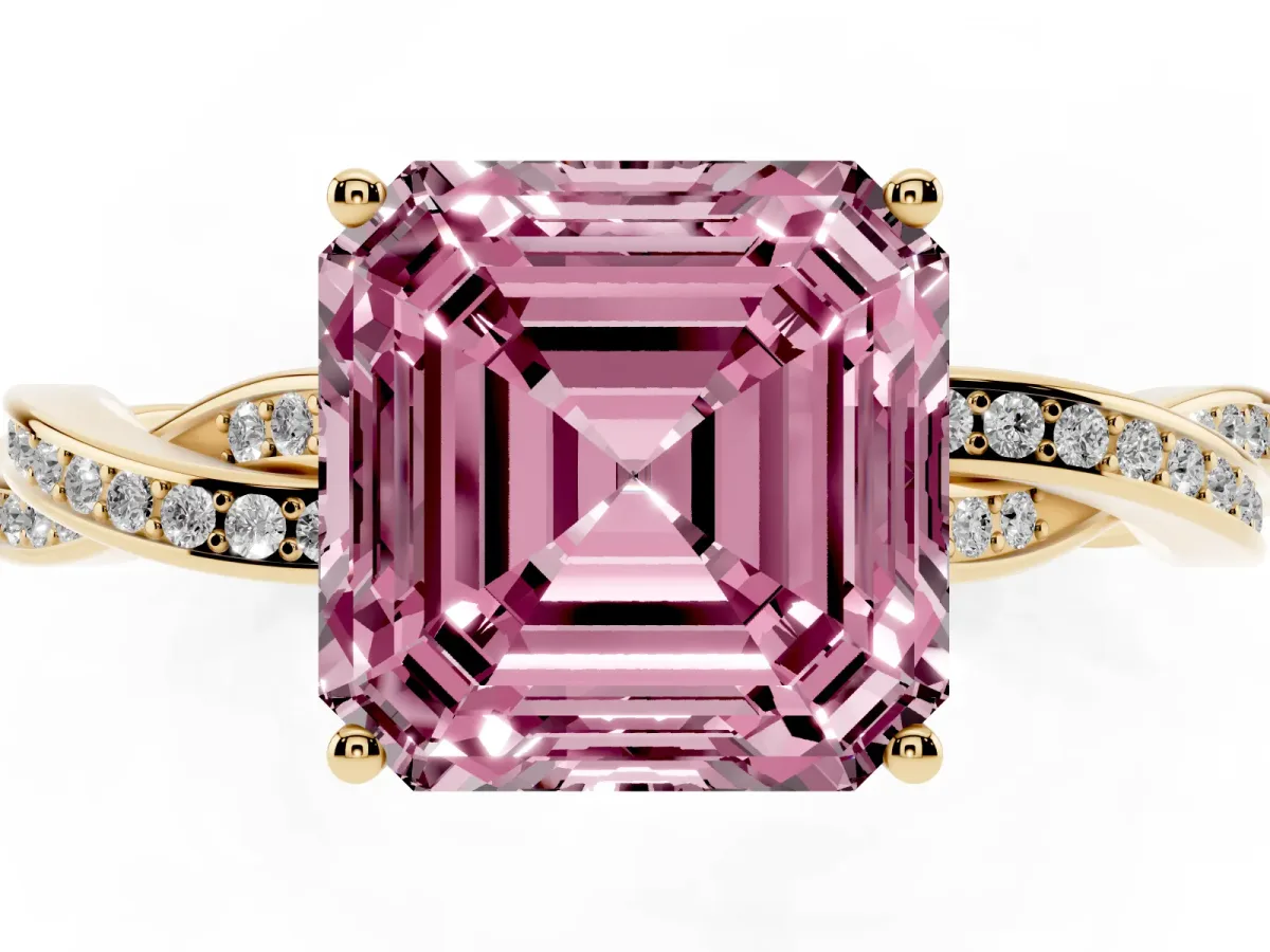 Fancy Pink Asscher Cut Solitaire Twisted Pave Diamond Ring with Four-Prong Setting Yellow gold
