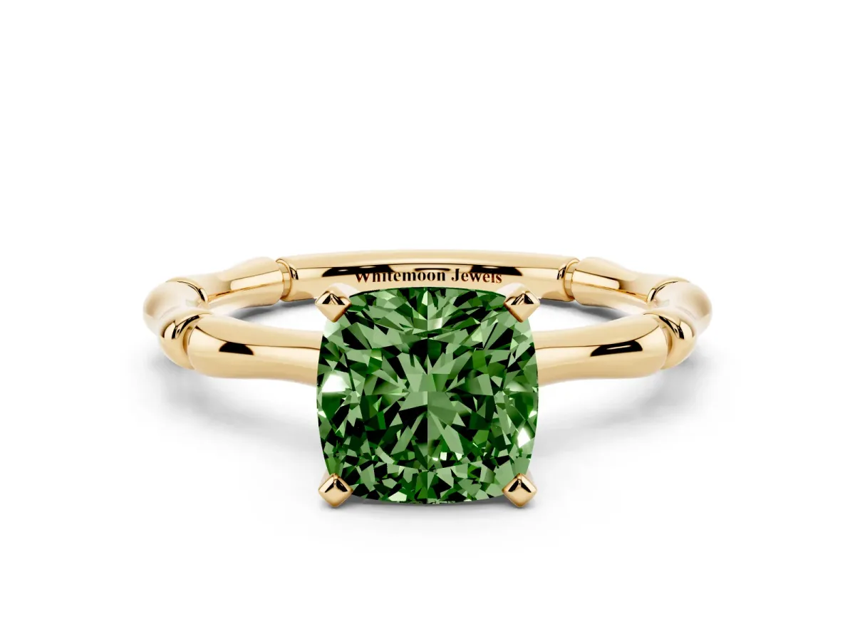 Fancy Green Cushion Cut Solitaire Diamond Ring with Bamboo Band and Four-Prong Setting Yellow gold