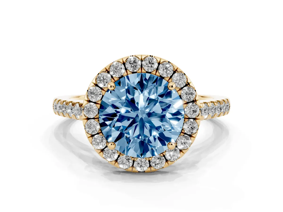 Fancy Blue Round Cut Halo Pave Diamond Engagement Ring with Four-Prong Setting Yellow gold