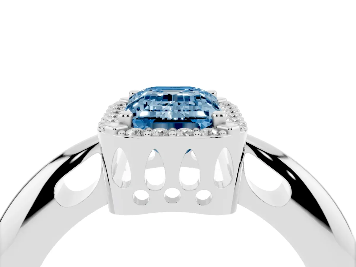 Fancy Blue Emerald Cut Cut Diamond Halo Engagement Ring with Split Shank and Four-Prong Setting Silver