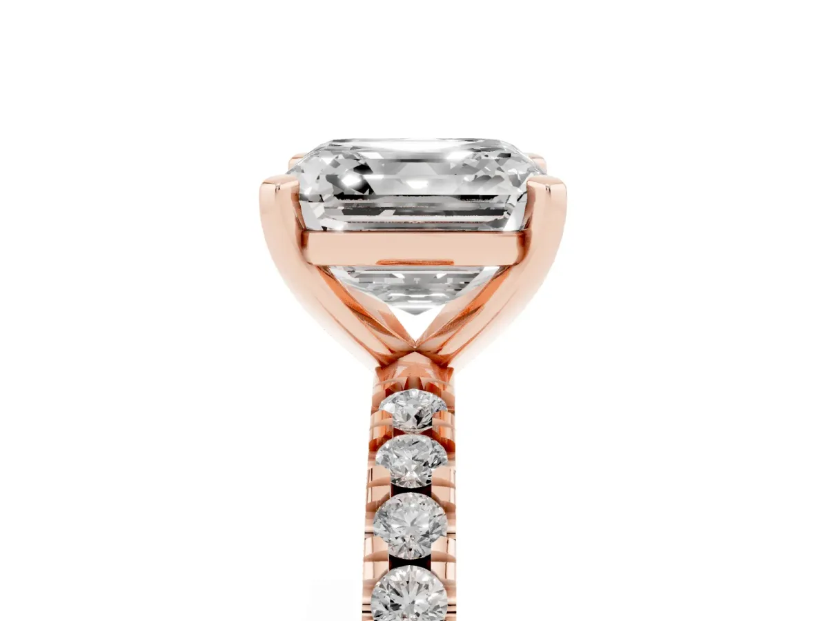 Asscher Cut Diamond Pavé Band Solitaire with Four-Prong Setting Rose gold