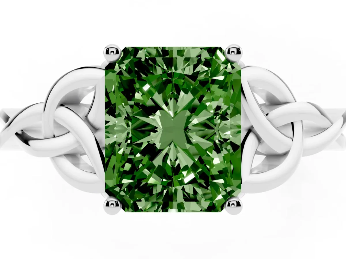 Fancy Green Radiant Cut Diamond Solitaire Engagement Ring with Celtic Knot Band and Four-Prong Setting Platinum