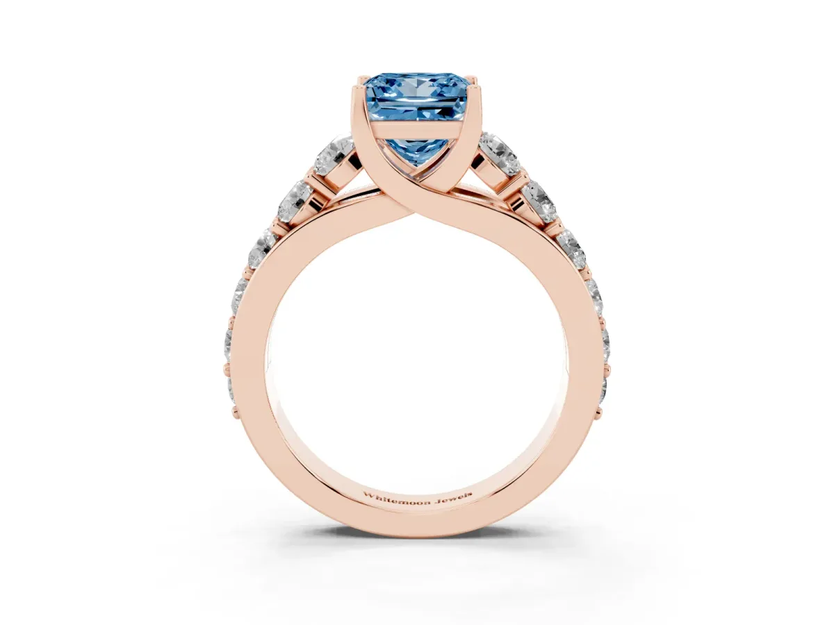 Fancy Blue Princess Cut Diamond Engagement Ring with Pavé Band and Four-Prong Setting Rose gold