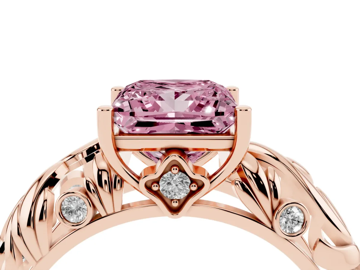 Fancy Pink Princess Cut Solitaire Diamond Leaf-Inspired Vine Band Ring with Prong Setting Rose gold