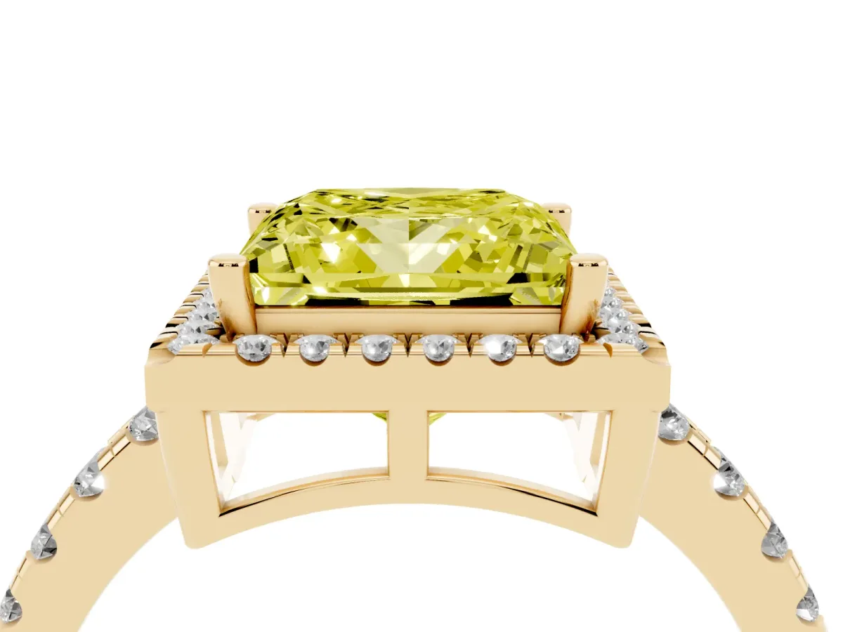 Fancy Yellow Princess Cut Diamond Halo Ring with Pavé Band and Four-Prong Setting Yellow gold