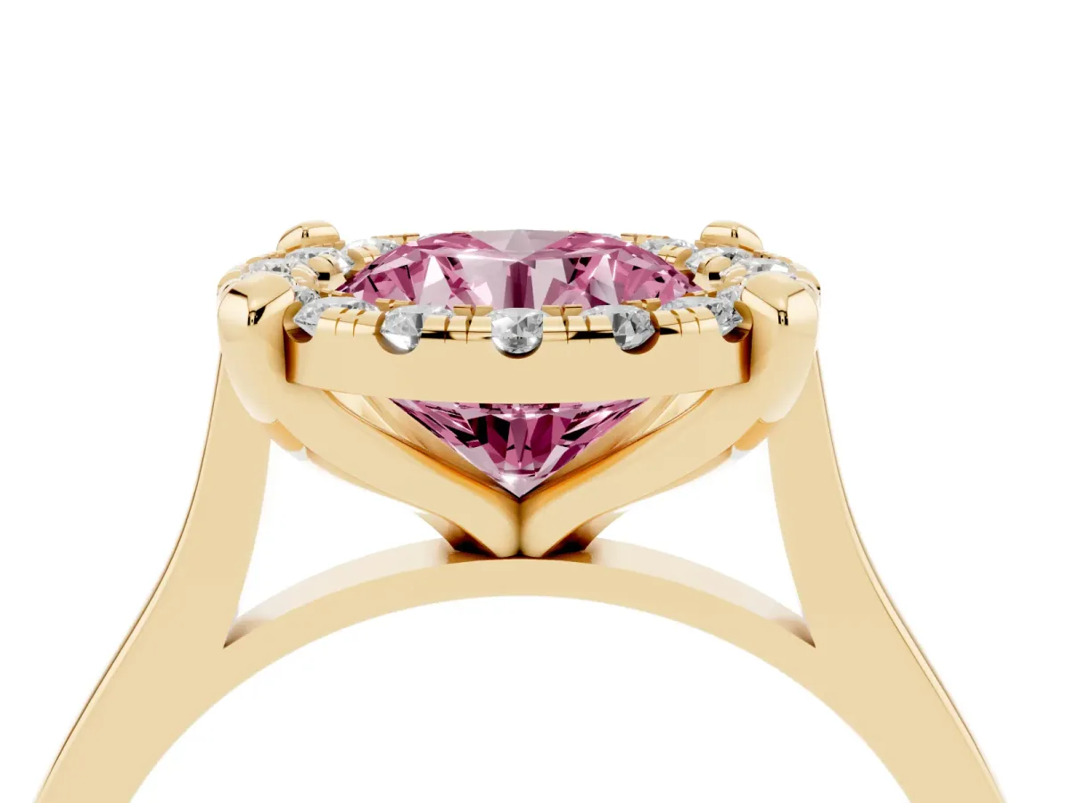 Fancy Pink Round Cut Diamond Cluster Halo Solitaire with Four-Prong Setting Yellow gold
