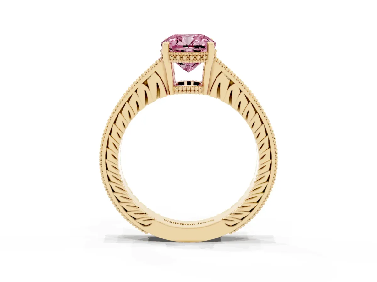 Fancy Pink Cushion Cut Solitaire Pavé Diamond Milgrain Engagement Ring with Four-Prong Setting Yellow gold