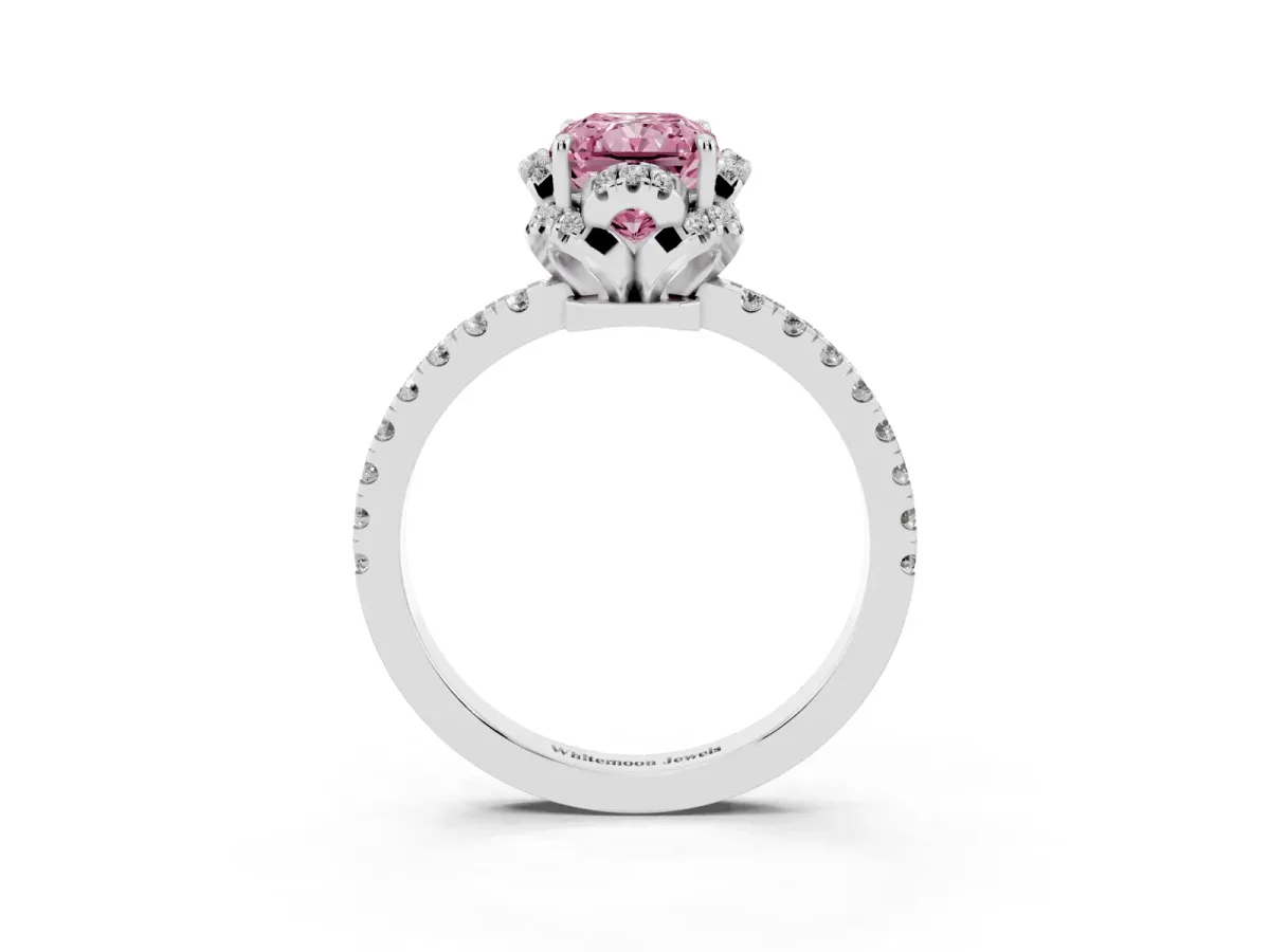 Fancy Pink Radiant Cut Halo Diamond Pave Band Ring with Four-Prong Setting Silver
