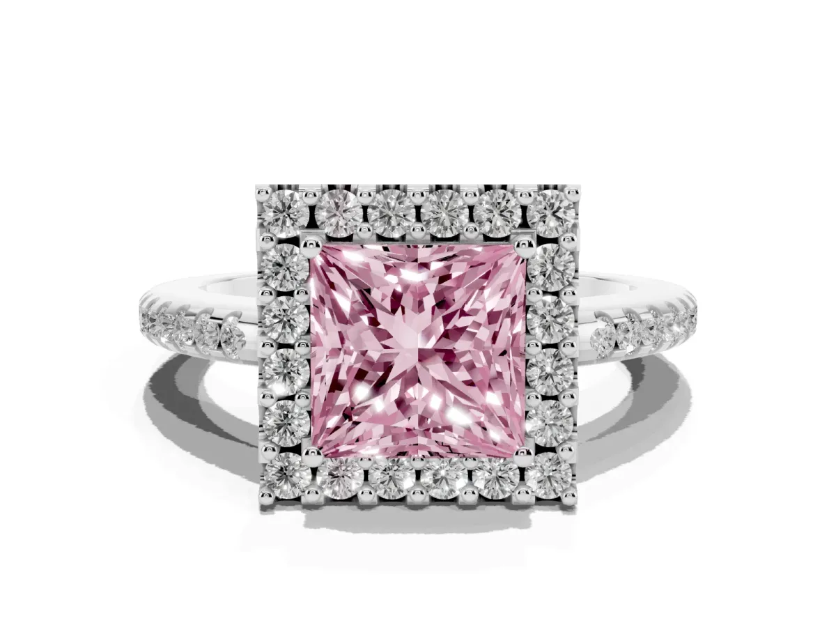 Fancy Pink Princess Cut Diamond Pavé Halo Ring with Four-Prong Setting Silver