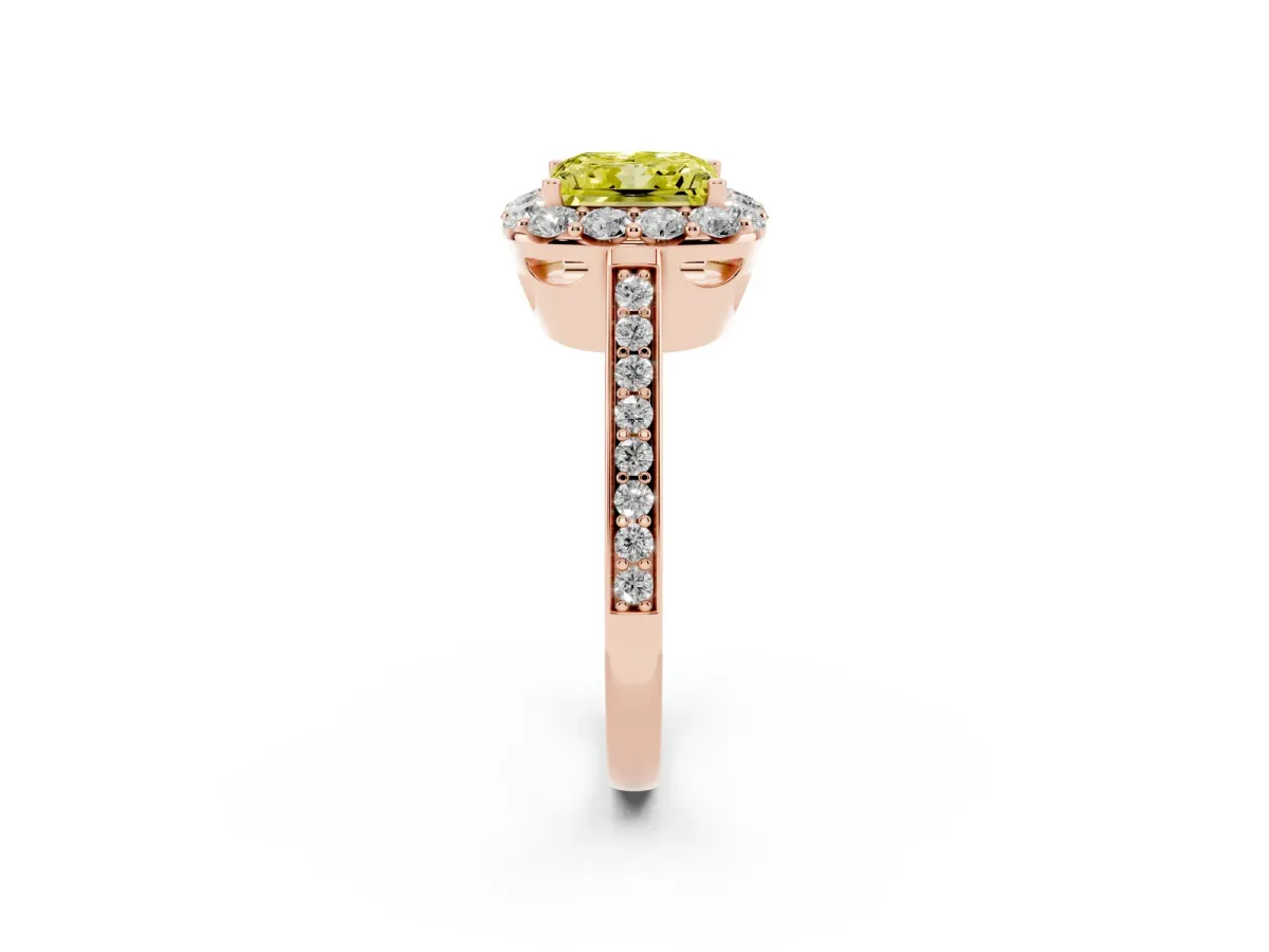 Fancy Yellow Princess Cut Diamond Floral Halo Ring with Pavé Band and Prong Setting Rose gold