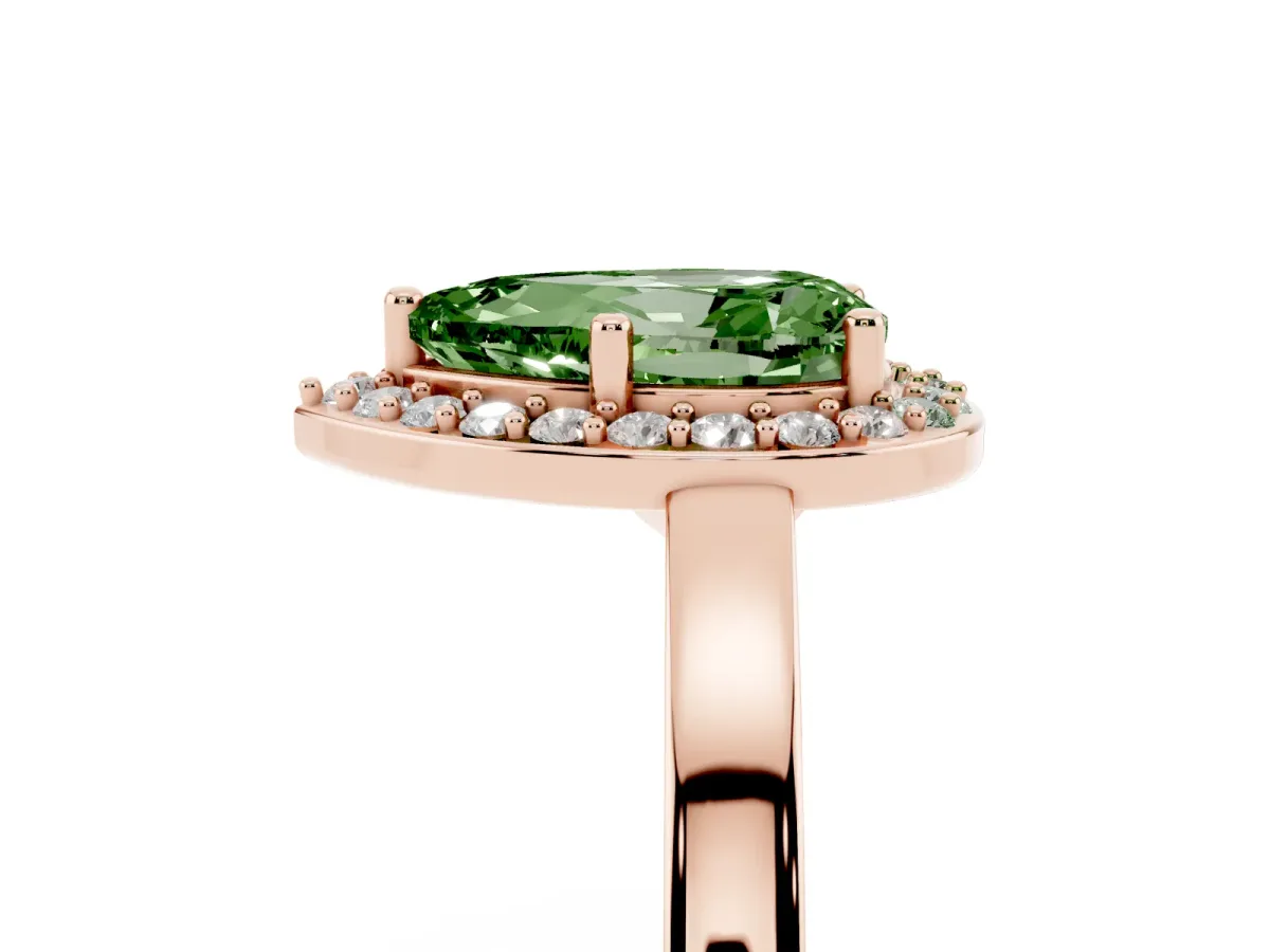 Fancy Green Pear Cut Halo Diamond Ring with Solitaire Band and Prong Setting Rose gold