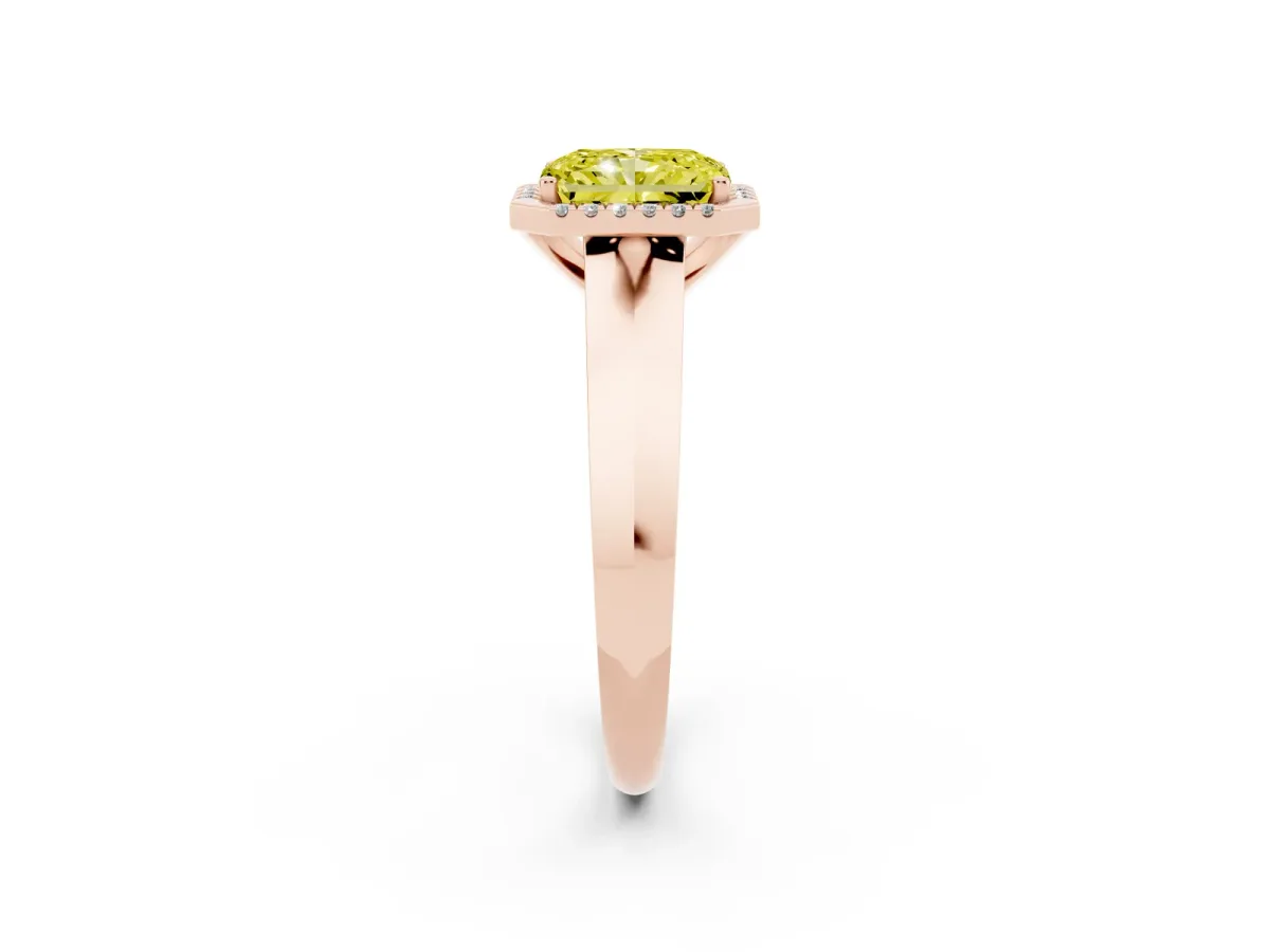 Fancy Yellow Radiant Cut Halo Diamond Ring with Cathedral Band and Four-Prong Setting Rose gold