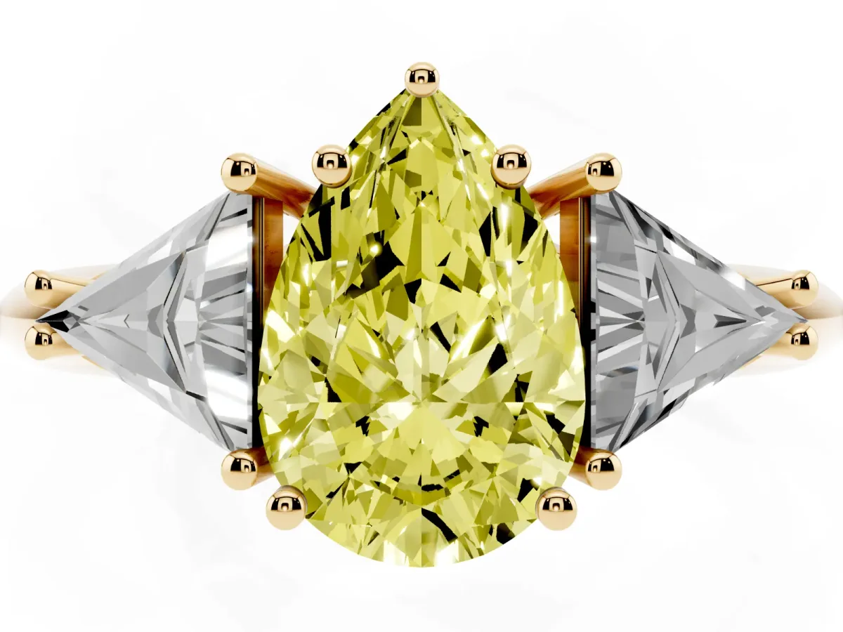 Fancy Yellow Three-Stone Pear Cut Diamond Engagement Ring with Trillion Side Stones and Prong Setting Yellow gold
