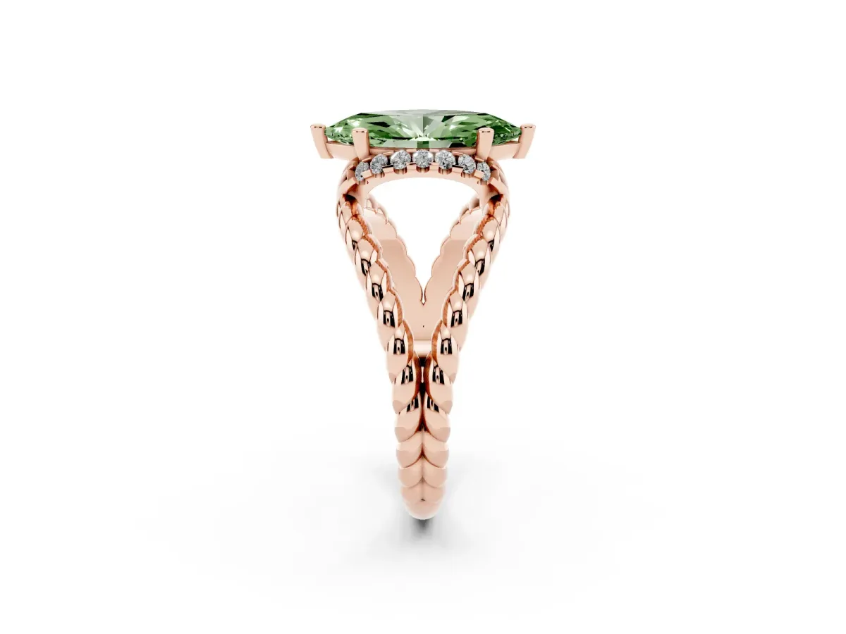 Fancy Green Marquise Cut Halo Twisted Band Four-Prong Ring Rose gold