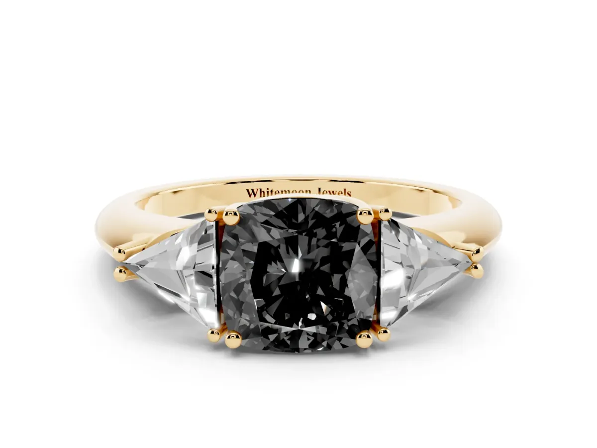 Fancy Black Three-Stone Cushion Cut Diamond Engagement Ring with Trillion Side Stones and Prong Setting Yellow gold