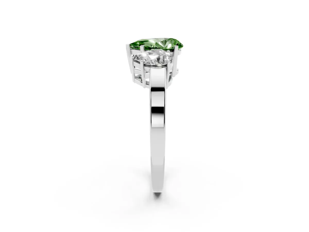 Fancy Green Three-Stone Pear Cut Cut Diamond Engagement Ring with Flat Band and Four-Prong Setting Silver