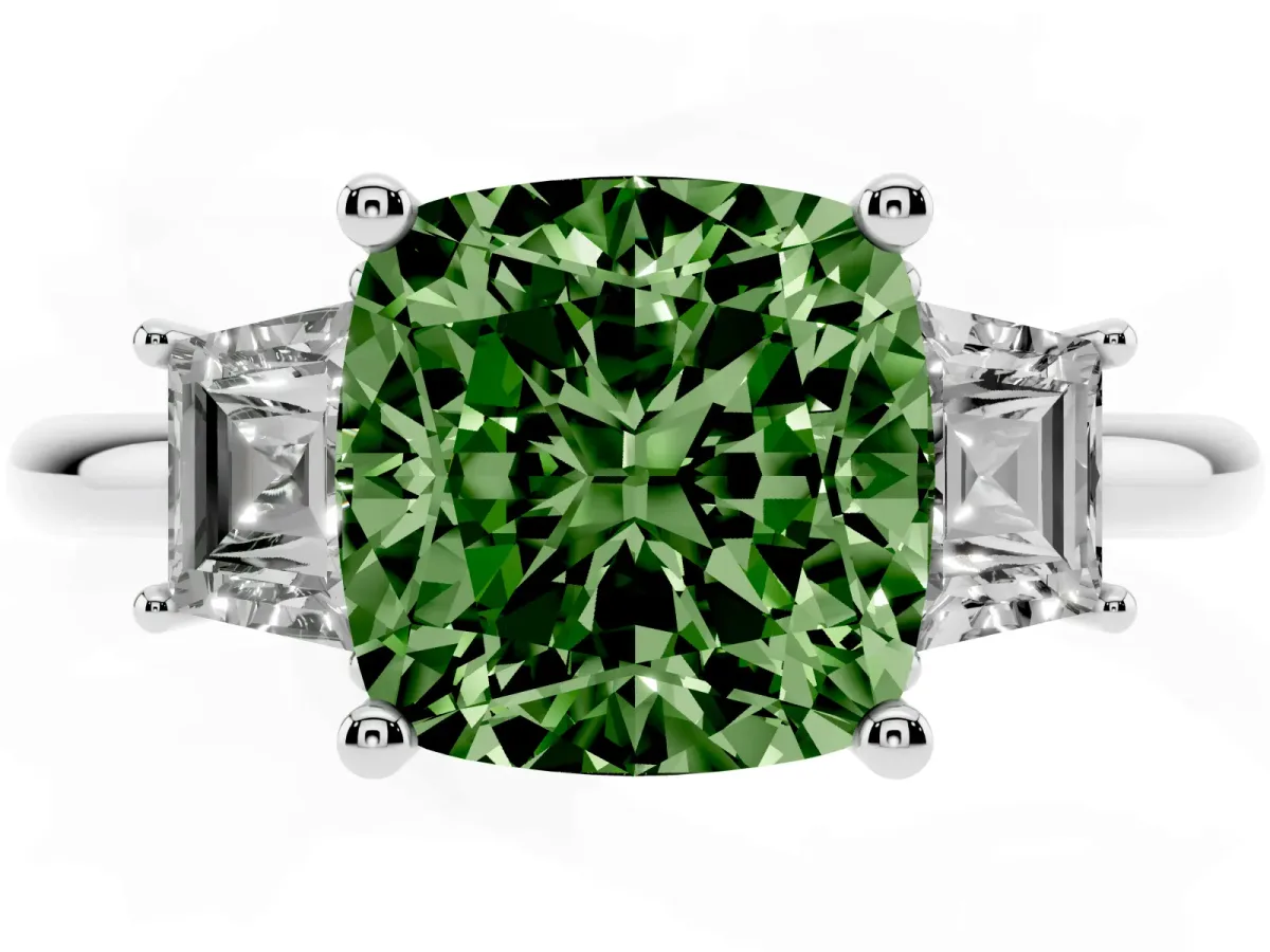 Fancy Green Cushion Cut Diamond Three-Stone Ring with Trapezoid Side Stones and Prong Setting Silver