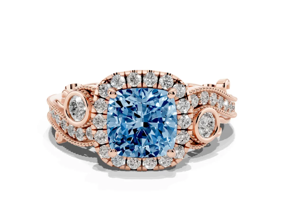 Fancy Blue Cushion Cut Diamond Halo Ring with Milgrain Pavé Band and Four-Prong Setting Rose gold